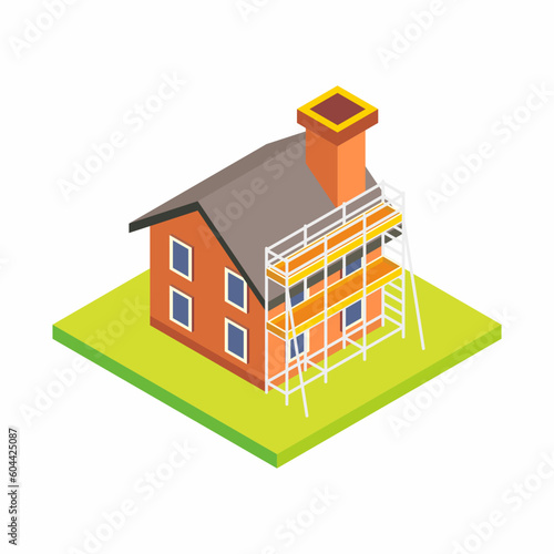 Isometric vector illustration of house with scaffolding for repair and construction work.