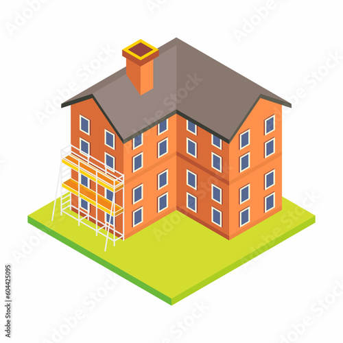 Isometric two level letter L shape house with scaffolding for repair work vector illustration.