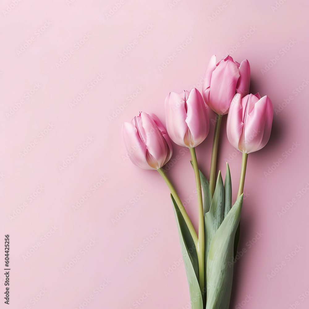 A beautiful composition of spring flowers. A bouquet of pink tulip flowers on a pastel pink background. Valentine's day, Easter, birthdays, women's day, mothers day. Flat lay, view from the top AI gen A beautiful composition of spring flowers. A bouquet of pink tulip flowers on a pastel pink background. Valentine's day, Easter, birthdays, women's day, mothers day. Flat lay, view from the top AI gen