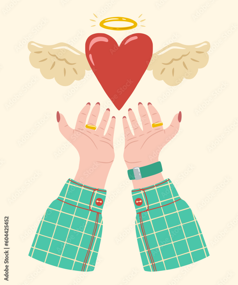 Obraz premium A flying heart with angel wings in hands. Heart in female hands. Design of element for greeting card, invitation, print, sticker. Illustration for valentine's day.