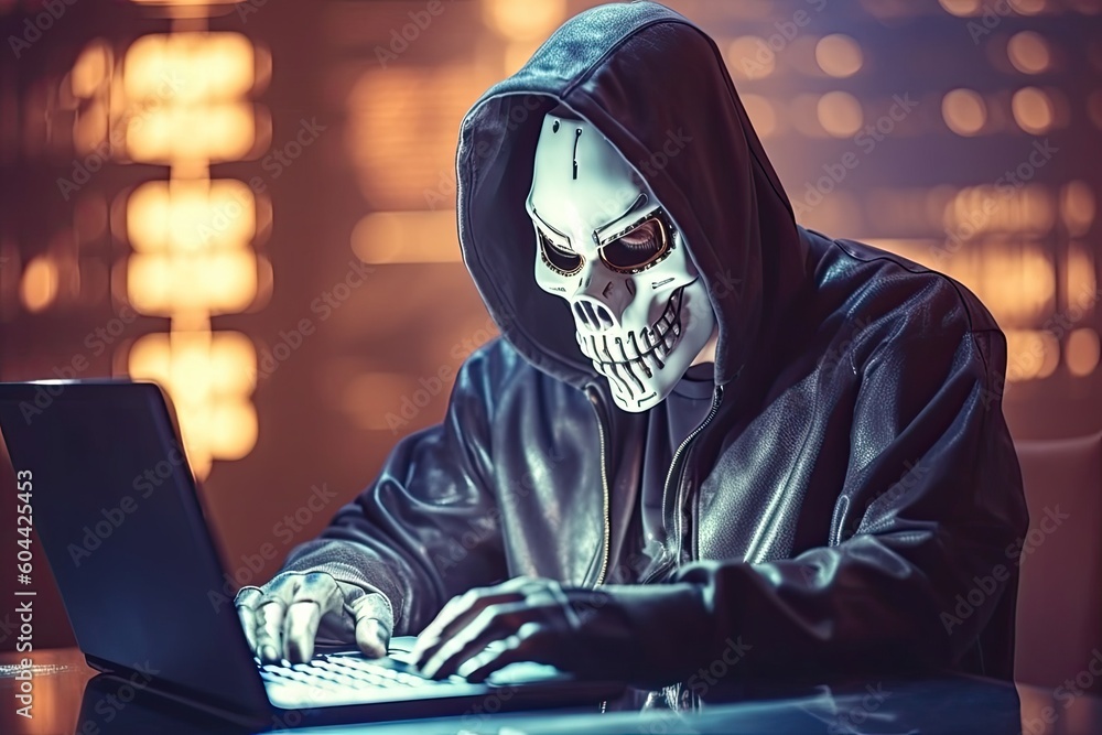 hacker stealing data . Anonymous robot hacker with skull mask typing computer laptop. Concept of hacking cybersecurity, cybercrime, cyberattack hacker stealing data . Anonymous robot hacker with skull mask typing computer laptop. Concept of hacking cybersecurity, cybercrime, cyberattack
