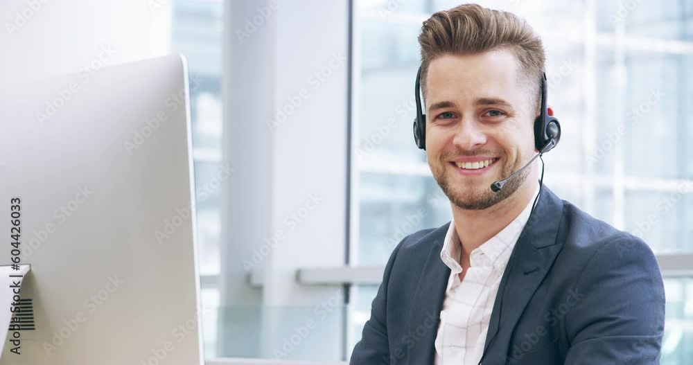 Call center, happy man and face of consultant at computer for customer service, technical support and crm consulting. Portrait, agent and salesman for telemarketing at help desk, advice or contact us