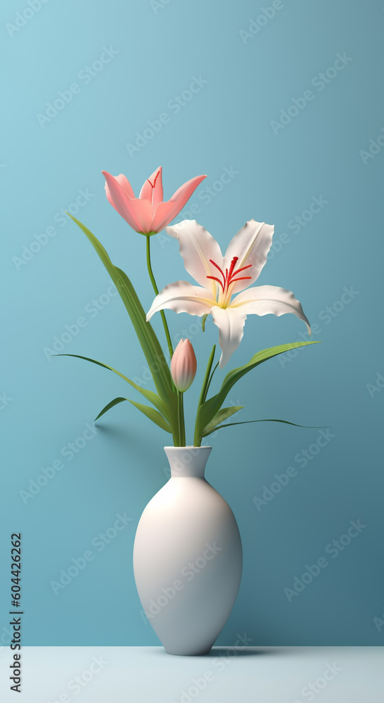 Simple elegant vase with Lily (Lilium) flower isolated on blue background with copy space, illustration created with Generative AI technology