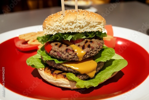 grilled hamburger with salad on a plate in restaurant 