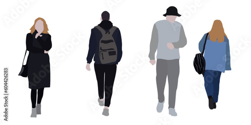 Set of drawings of people on the street in spring clothes. 2D image for use as an entourage. Vector flat city infographics.