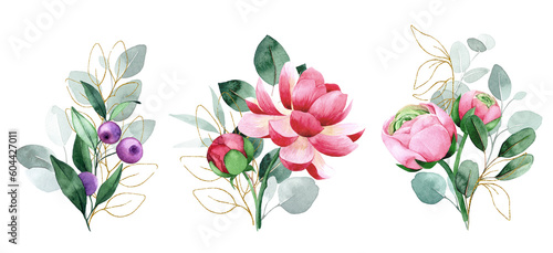 watercolor drawing  set of bouquets of flowers and leaves of eucalyptus with golden elements