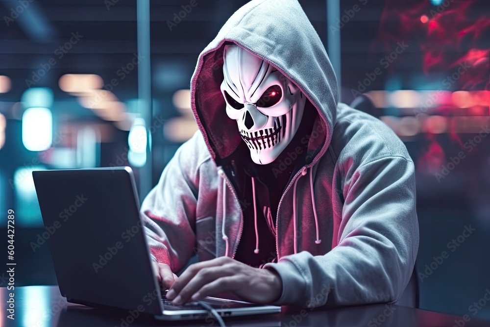 hacker stealing data . Anonymous robot hacker with skull mask typing computer laptop. Concept of hacking cybersecurity, cybercrime, cyberattack hacker stealing data . Anonymous robot hacker with skull mask typing computer laptop. Concept of hacking cybersecurity, cybercrime, cyberattack