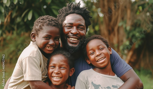 Portrait of smiling African American man with his children. Happy family. Generative AI