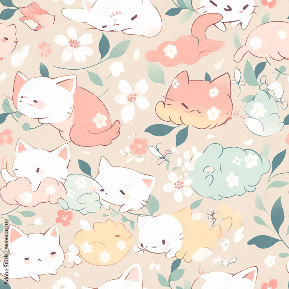 A seamless pattern of a cute playful kitten. Generative AI A seamless pattern of a cute playful kitten. Generative AI