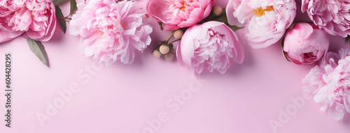 Spring Peony Blooms in Flat Lay Style for Women's Day or Spring Sale Banner, generative AI