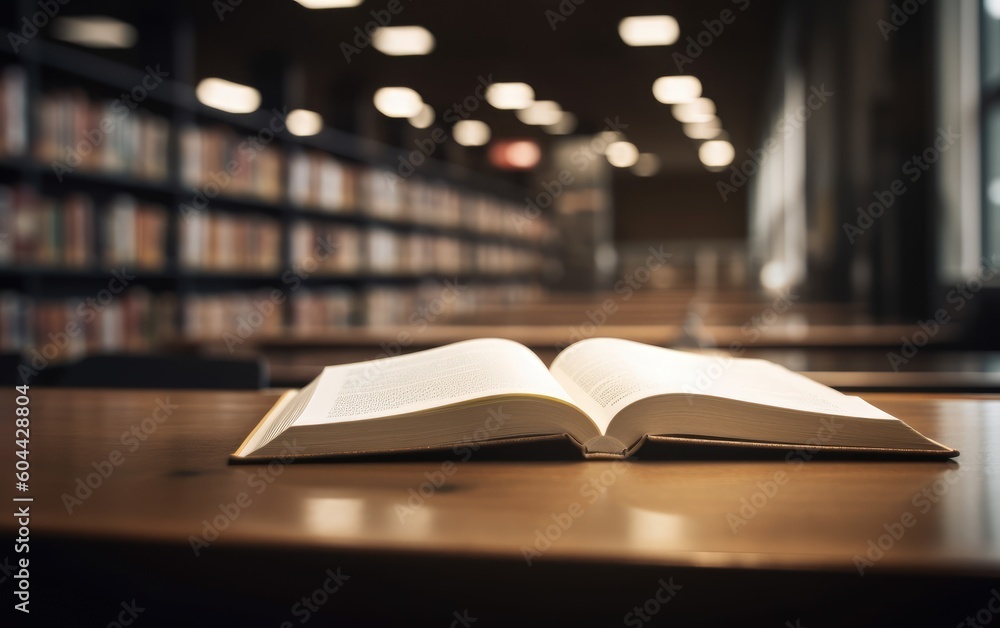 Fototapeta premium Book in library with open textbook, Generative AI