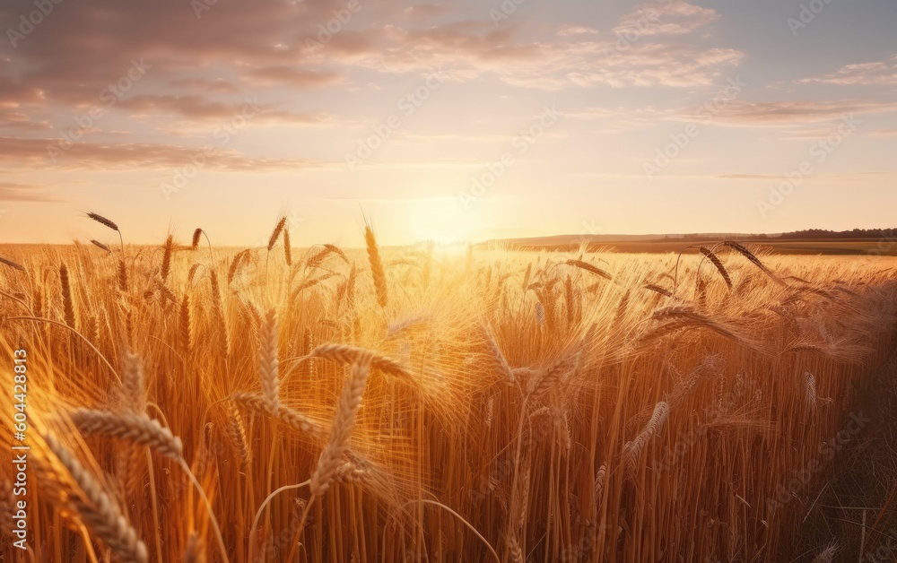 Background ripe golden wheat field with sunset, wide view. Concept agricultural industry, Generative AI