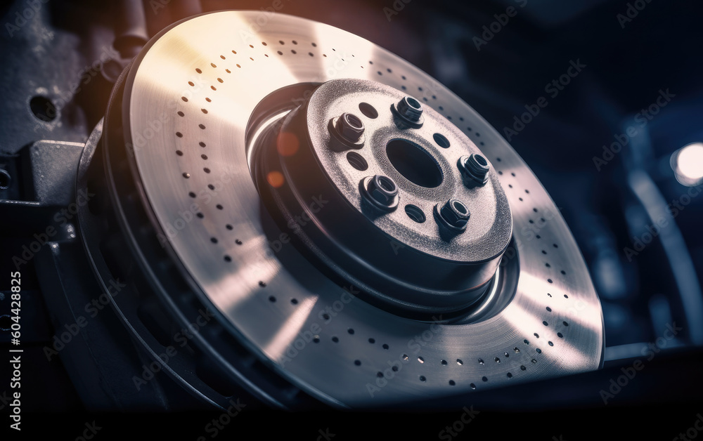 Closeup steel brake disk and detail of wheel hub with sunlight. Concept replacing wheel pads in garage car service, Generative AI Closeup steel brake disk and detail of wheel hub with sunlight. Concept replacing wheel pads in garage car service, Generative AI
