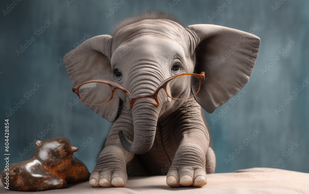 Cute elephant with glasses in front of studio background, Generative AI Cute elephant with glasses in front of studio background, Generative AI