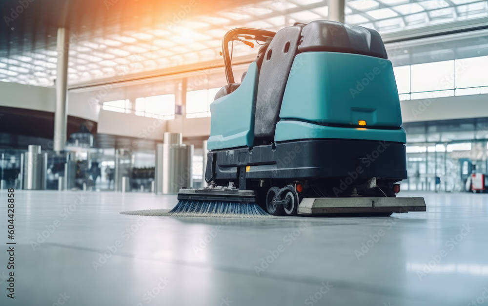 Close-up sweeper machine cleaning. Concept clean airport from debris, Generative AI