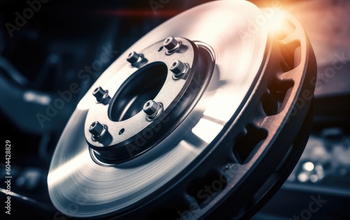 Closeup steel brake disk and detail of wheel hub with sunlight. Concept replacing wheel pads in garage car service, Generative AI