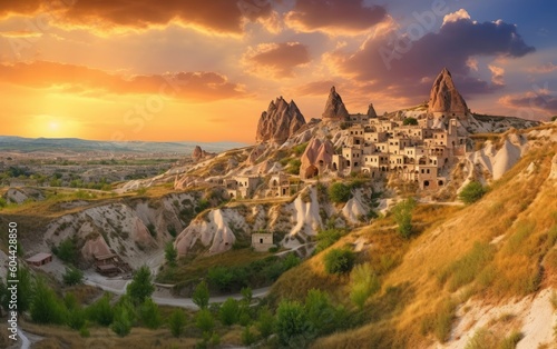 Ancient town of Uchisar castle at sunset Landscape Goreme national park, Cappadocia Turkey, Generative AI photo