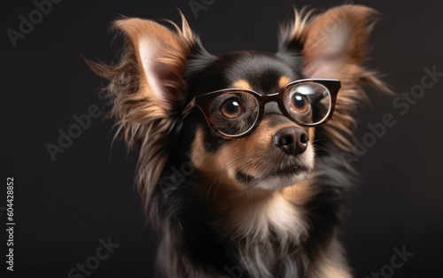 Cute dog with glasses in front of studio background, Generative AI