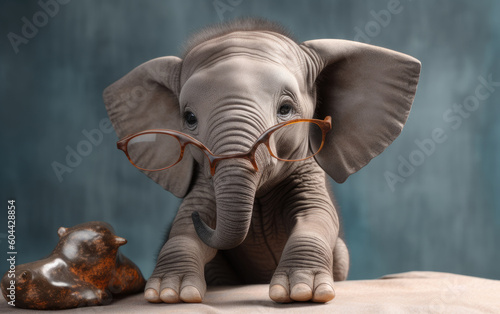 Cute elephant    with glasses in front of studio background  Generative AI