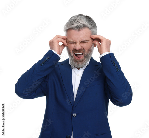 Emotional mature businessman in stylish clothes posing on white background