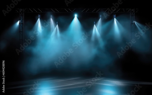 Illuminated stage with scenic lights and smoke. Blue vector spotlight with smoke volume light effect on black background. Stadium cloudiness projector, Generative AI