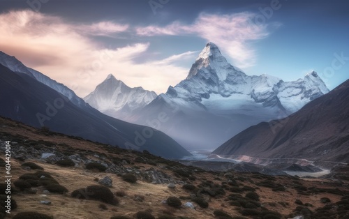 View of Ama Dablam over Solukhumbu valley , Himalayas Nepal, Generative AI photo