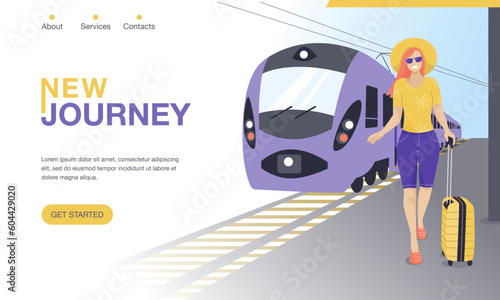 Travel landing page vector template. New journey. A woman in a hat walks along the platform with luggage. Intercity train. Adventure, travel or travel services concept