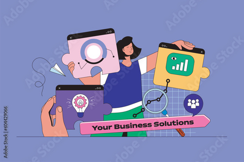 Business solution web concept with character scene. Woman working with projects, brainstorming, implements innovation. People situation in flat design. Vector illustration for marketing material.