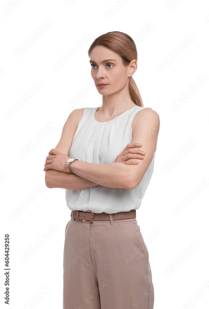 Beautiful businesswoman crossing arms on white background Beautiful businesswoman crossing arms on white background