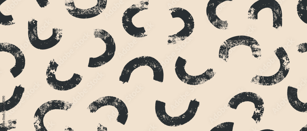 Hand Drawn Irregular Geometric Seamless Vector Pattern. Brush Pale Black Semi Circles Isolated on a Light Beige Background. Abstract Repeatable Design with Black Arcs on an Ivory Layout. 