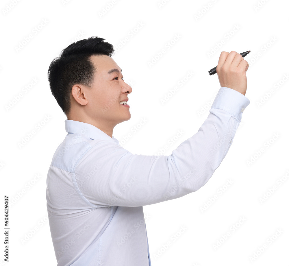 Businessman in formal clothes with marker writing on white background Businessman in formal clothes with marker writing on white background