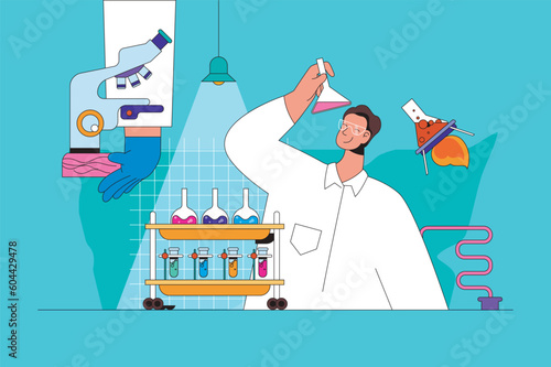 Science laboratory web concept with character scene. Scientist making chemical reaction in flasks and monitoring process. People situation in flat design. Vector illustration for marketing material.