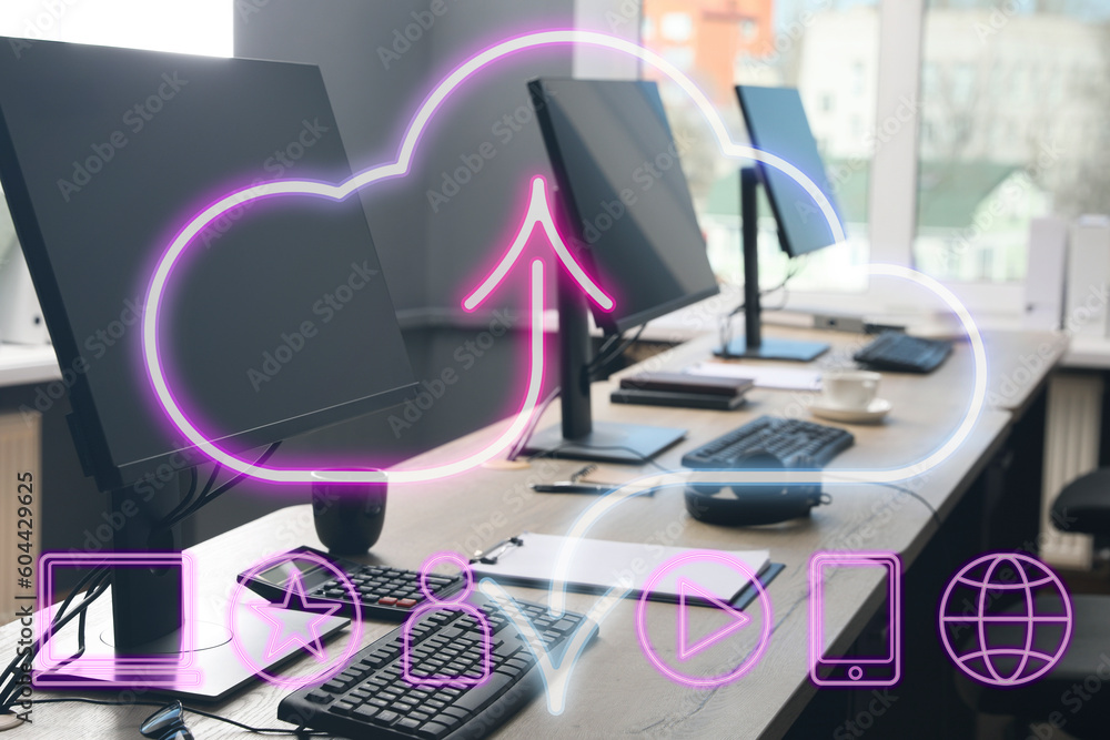Web hosting. Digital neon cloud with icons and office with computers on background Web hosting. Digital neon cloud with icons and office with computers on background