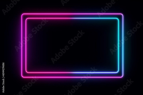 Abstract retro vintage neon glowing light frames on black background with copy space. Generative AI