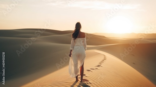 Tableau sur toile young woman from behind walking in sand dunes by sunset