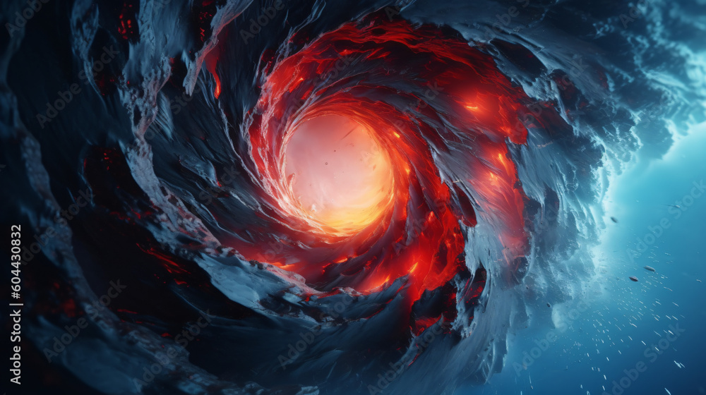 A red and black swirl in the middle of the ocean, Generative Ai