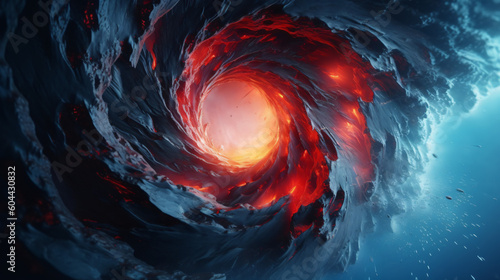 A red and black swirl in the middle of the ocean, Generative Ai