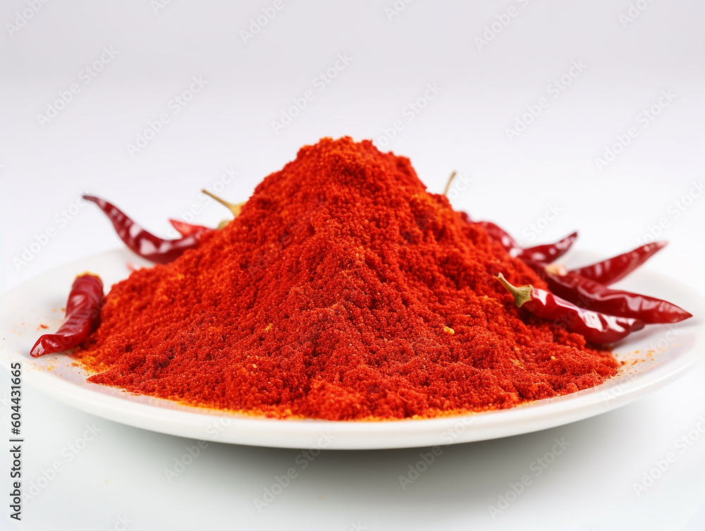 A pile of red chilli powder sits on a plate. A pile of red chilli powder sits on a plate.