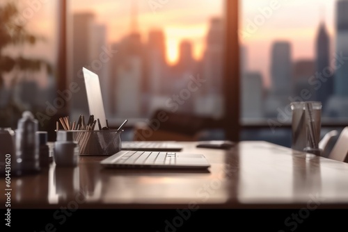 AI Generated Blurred office workspace in the morning view background