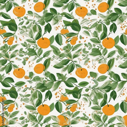 A seamless pattern with oranges and green leaves. Generative AI