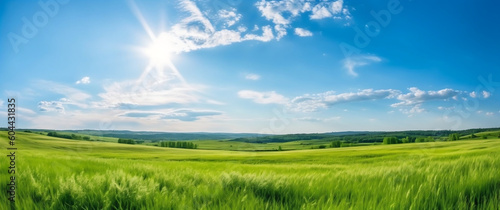 Vibrant panoramic grassland landscape with bright sun and blue sky  generative AI