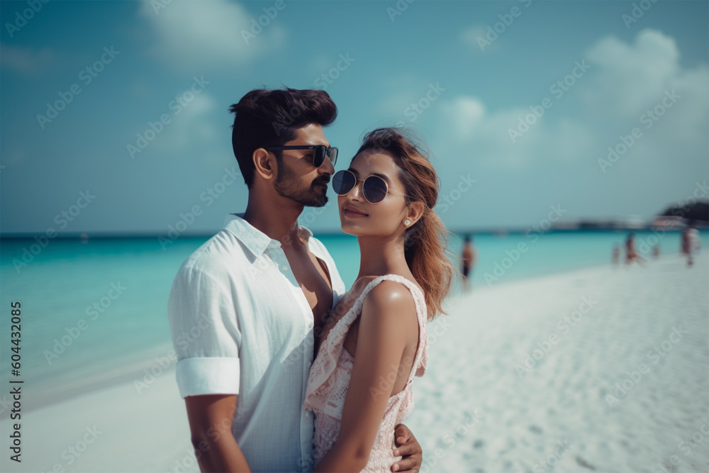 Cropped close up portrait of a beautiful cute couple enjoying each other by the sea.Generative AI