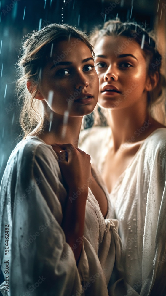 two beautiful female girlfriends in white dresses are happy in the rain. Generative AI