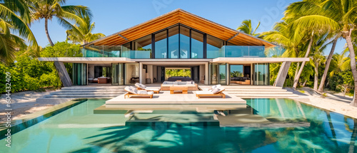 Ultra luxury ocean view vacation beach house with a beautiful serene view. Modern architecture with pool for a holiday in paradise (generative AI) © jonathon