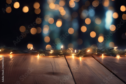 Blurred gold garland as background and wooden tabletop as foreground. Christmas abstract. Image for display or montage your christmas products. Copy space. Generative AI.