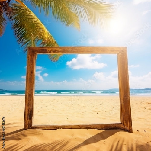 Tropical Paradise: Summer Frame with Golden Beach and Palm Leaves, generative AI