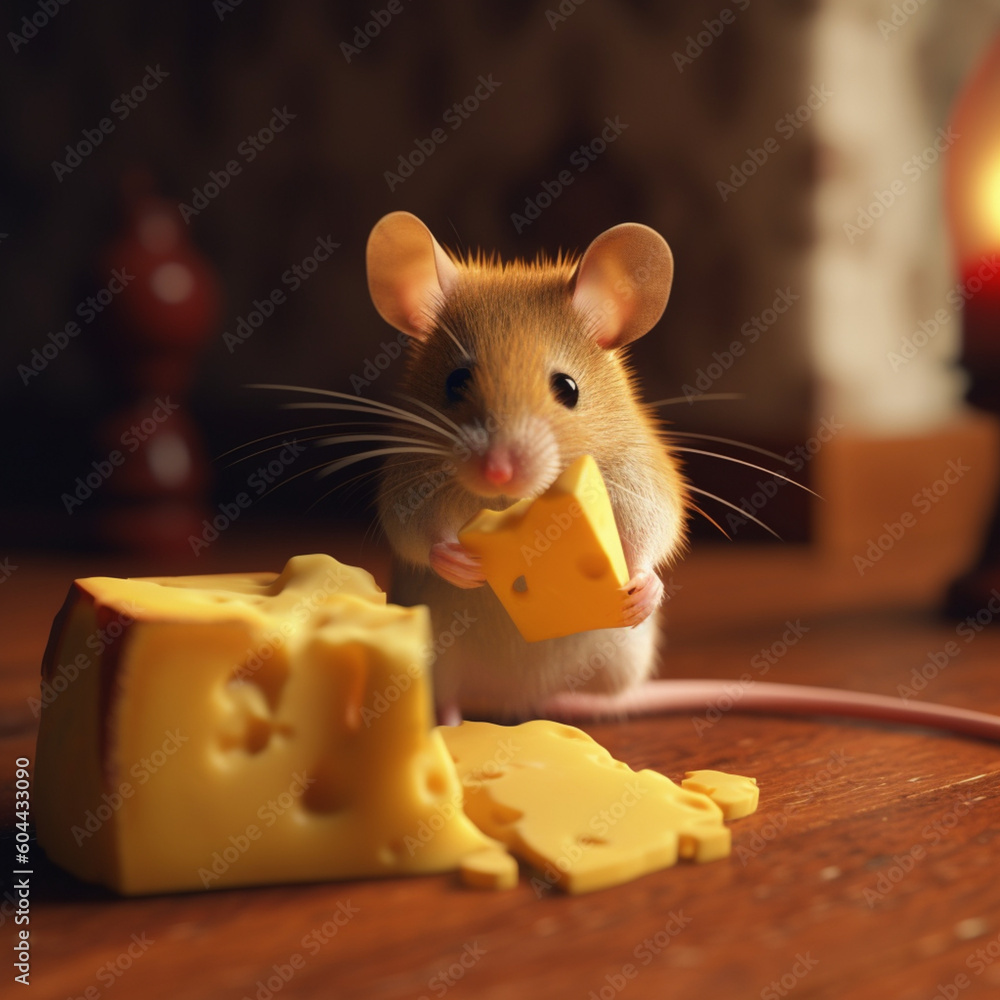 Fototapeta premium Mouse eating cheese. Generative AI.