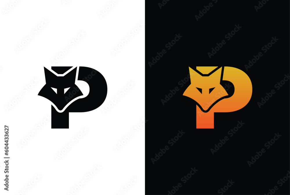 Initial Letter P with Fox Logo Design. Fox letter P logo with animal design template - obrazy, fototapety, plakaty 