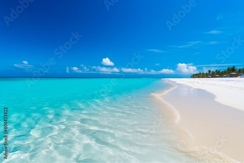 Serene Maldives: A perfect beachscape with turquoise waves and fluffy clouds, generative AI