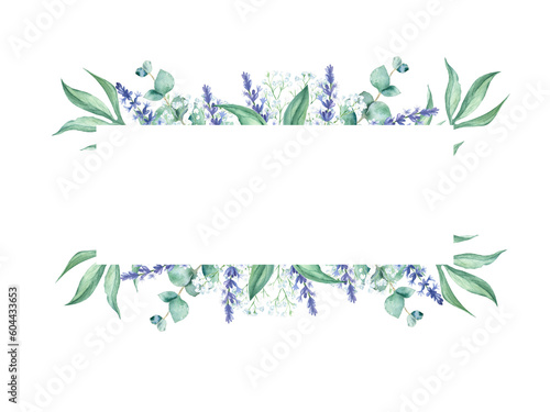 Wallpaper Mural Watercolor horizontal frame, eucalyptus, gypsophila and lavender branches. Hand drawn botanical illustration isolated on white background. Can be used for wedding, greeting cards, baby shower, banners Torontodigital.ca